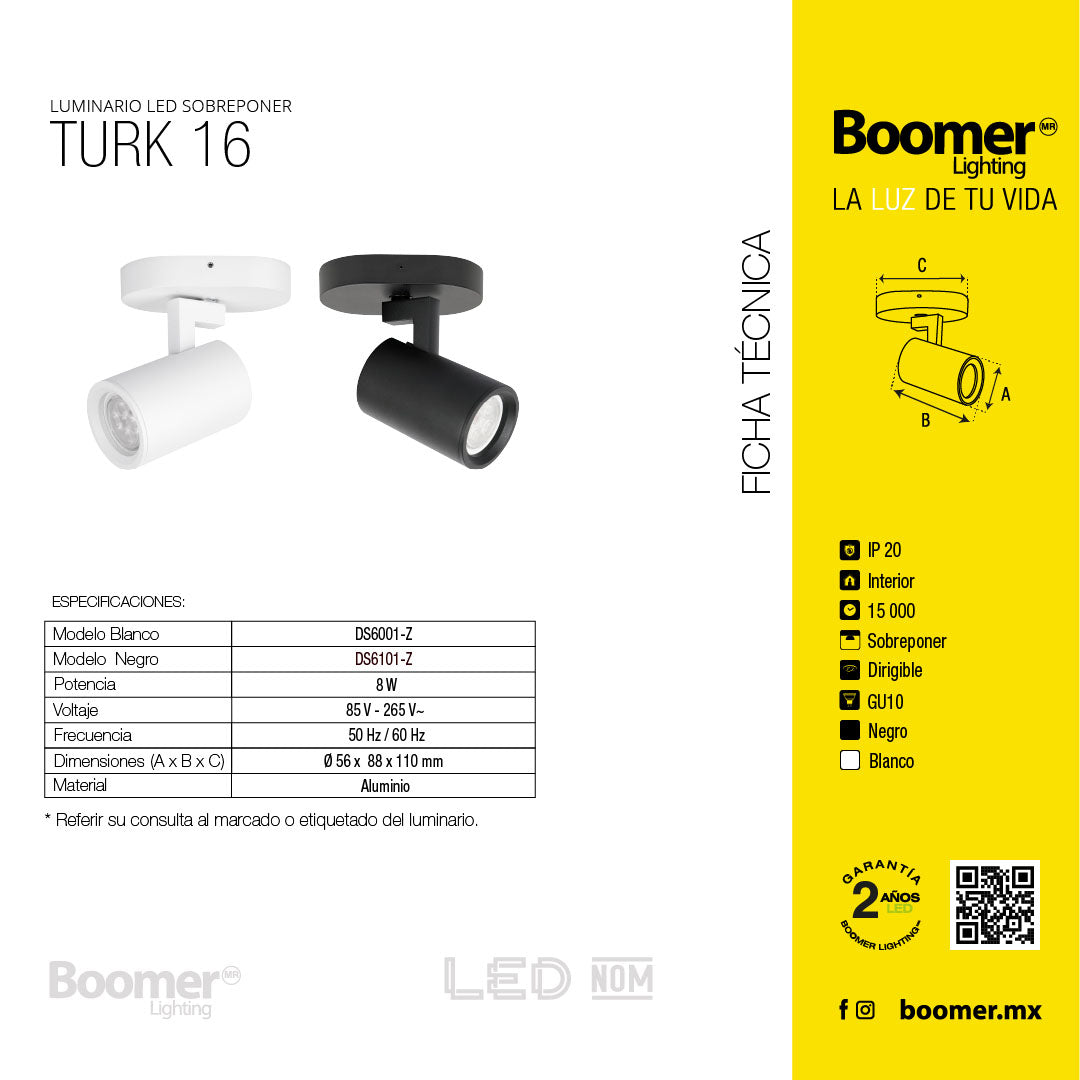 LÁMPARA SOBREPONER DIRIGIBLE TURK BLANCO R16, 8W, BASE GU10