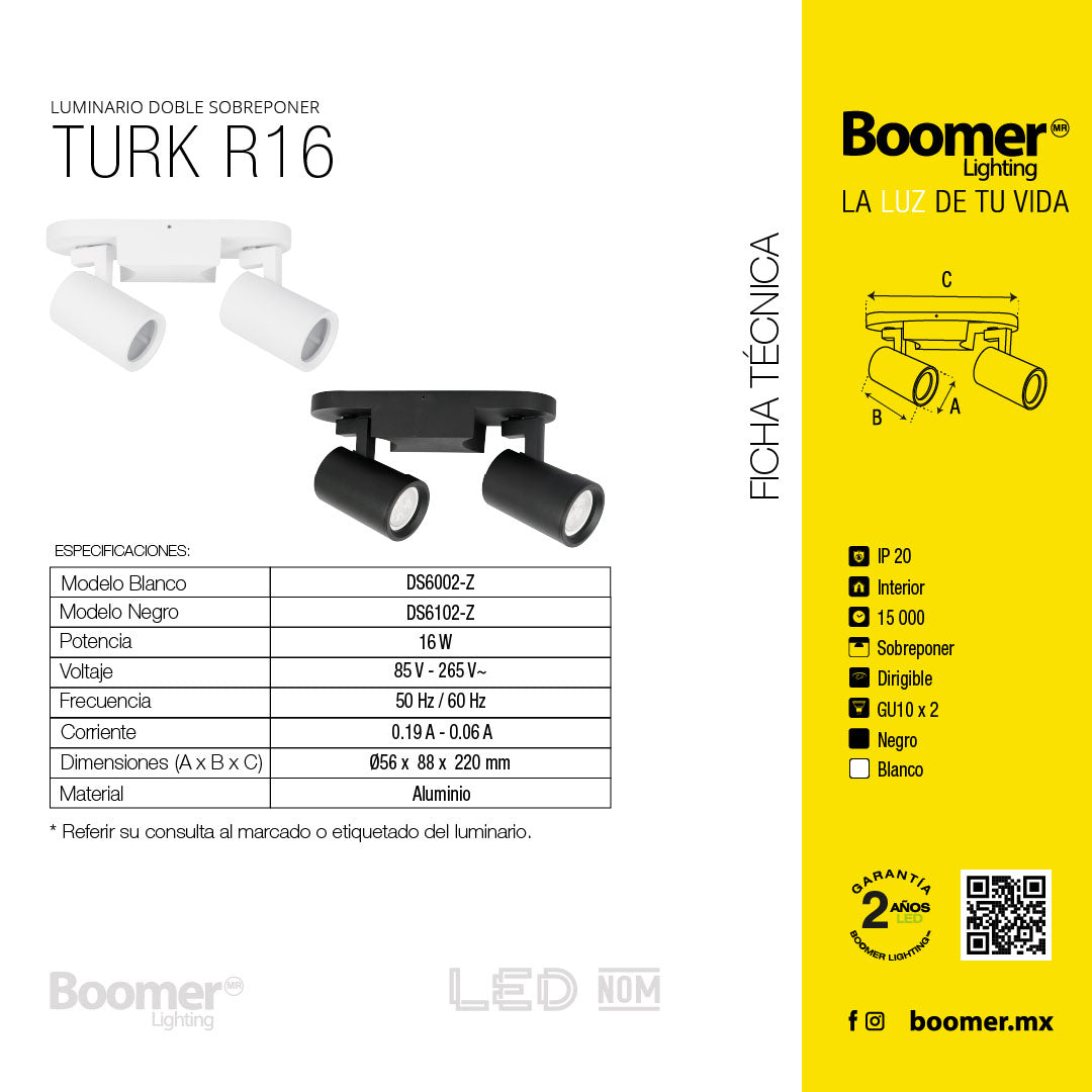 LÁMPARA SOBREPONER DOBLE DIRIGIBLE TURK BLANCO 16W, BASE GU10