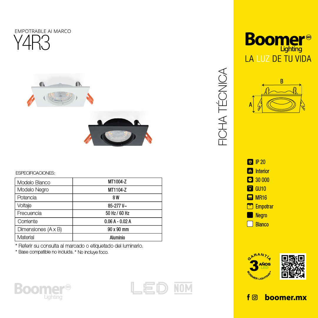 EMPOTRABLE DIRIGIBLE CUADRADO BLANCO BASE MR16 DE ALUMINIO 8W IP20