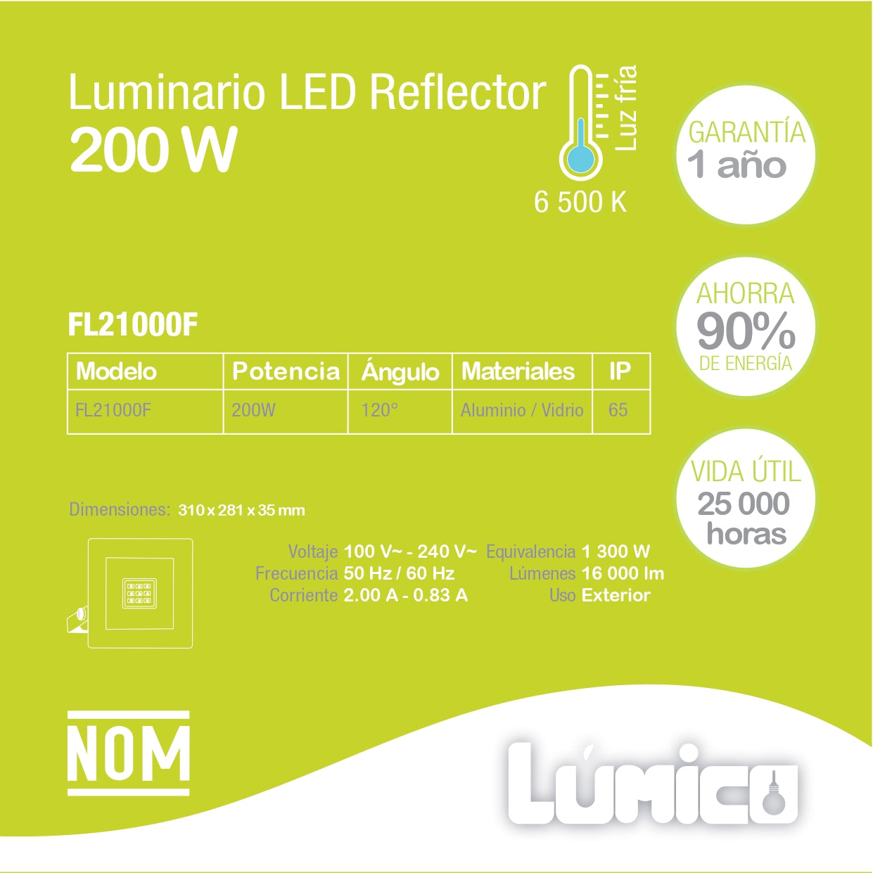 REFLECTOR LED LÚMICO, 200 W, 6500 K, IP 65, NEGRO