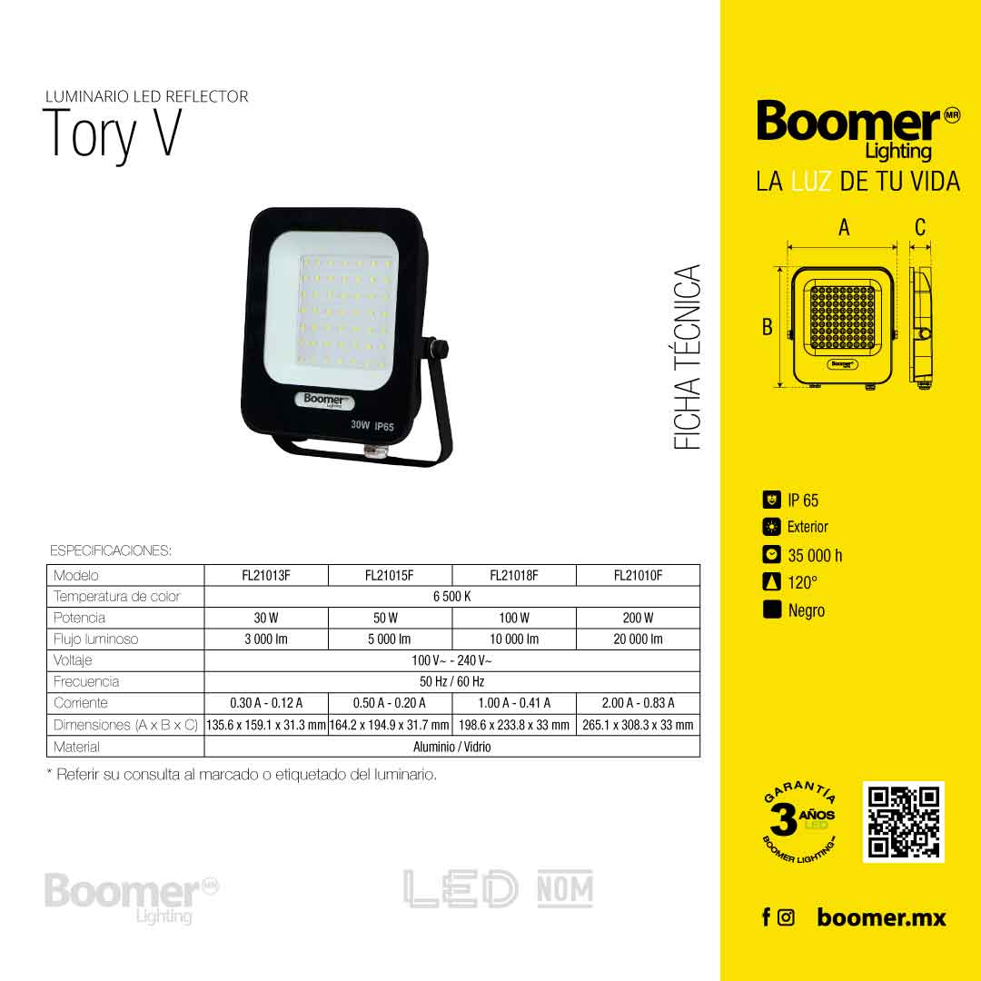 REFLECTOR LED VERTICAL TORY DE 200W LUZ FRÍA PARA EXTERIOR IP65