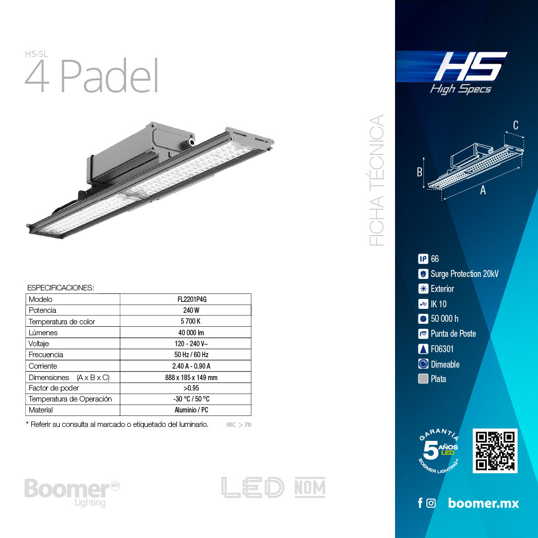 LUMINARIO PARA CANCHA DE PADEL, 240W, 5700K, 40000LM, IK10