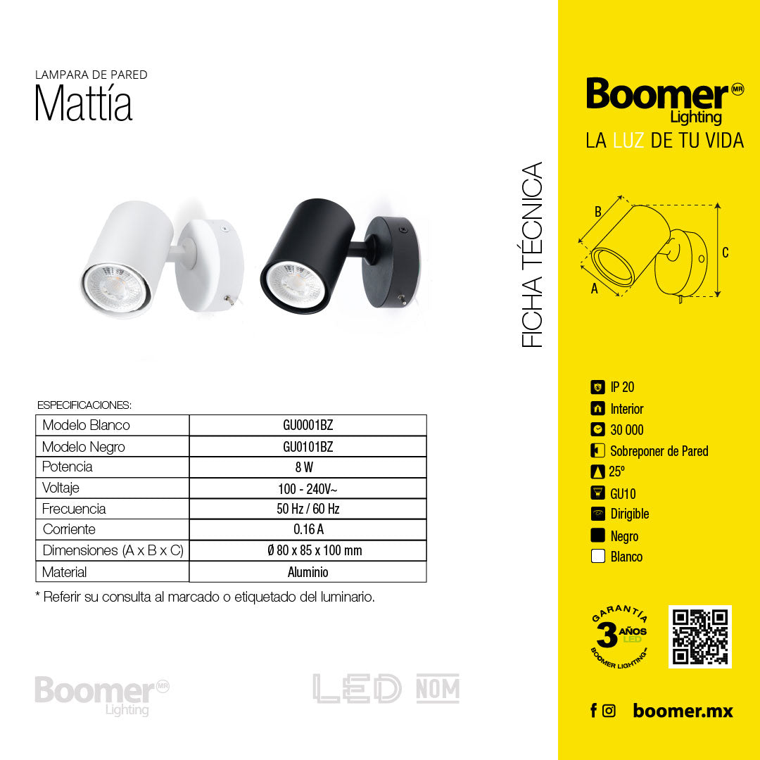LÁMPARA DE LECTURA MATTÍA NEGRO, 8W, BASE GU10, DIRIGIBLE