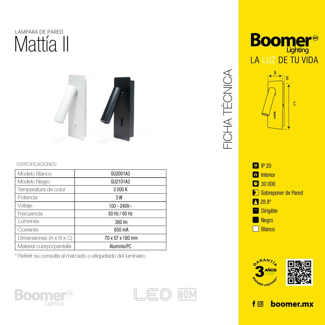 LÁMPARA DE LECTURA LED BLANCA, 3W, LUZ CÁLIDA, 360 LM, DIRIGIBLE