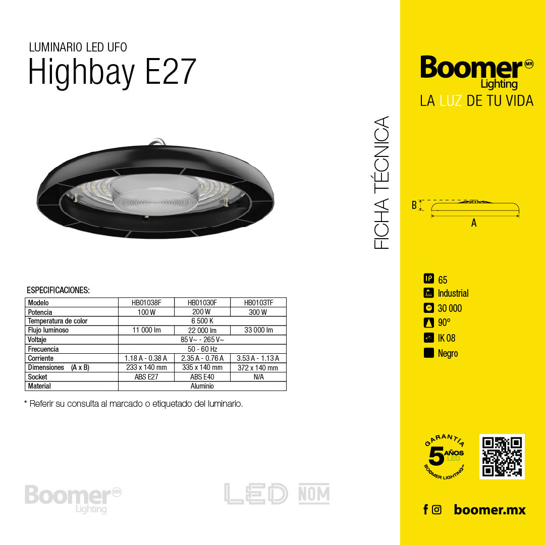 LÁMPARA CAMPANA UFO LED HIGHBAY 300W LUZ FRÍA IP65, 33000 LM