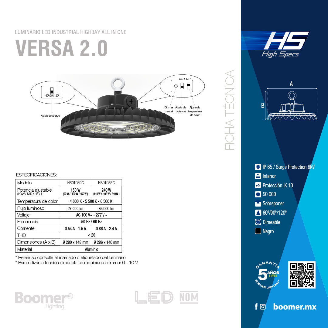 LÁMPARA CAMPANA INDUSTRIAL UFO LED VERSA 240W CCT AJUSTABLE