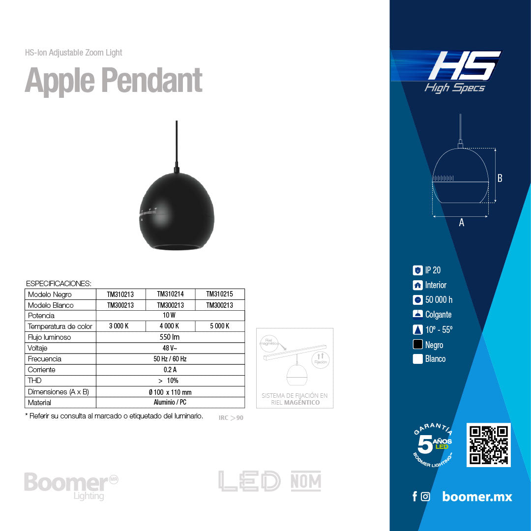 LUMINARIO HS-ION APPLE ADJ. ZOOM NEGRO, 10W, 5000K, 940LM