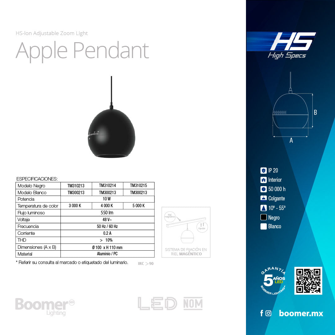 LUMINARIO HS-ION APPLE ADJ. ZOOM BLANCO, 10W, 5000K, 940LM