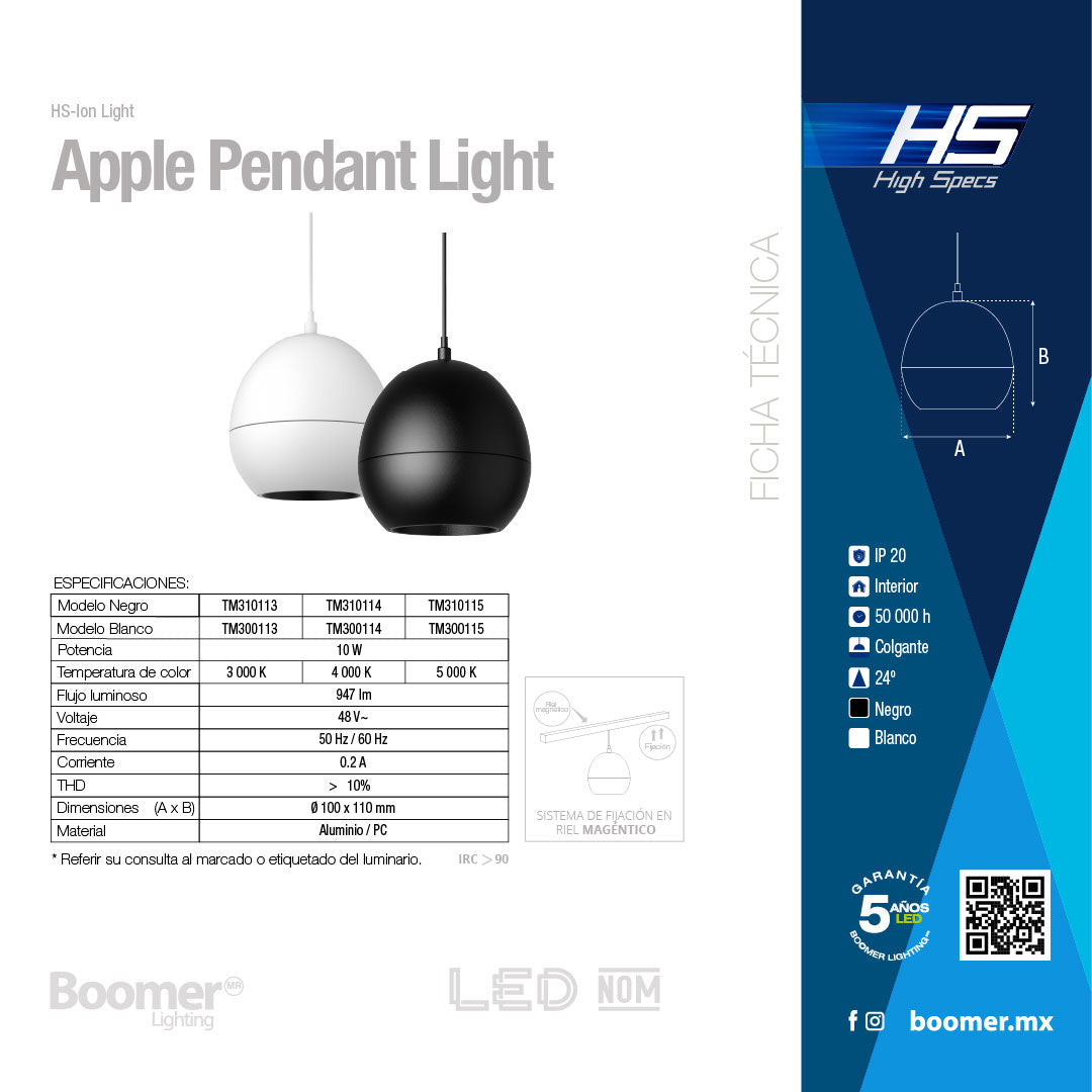LUMINARIO HS-ION APPLE PENDANT BLANCO 10W, 3000K, 940LM