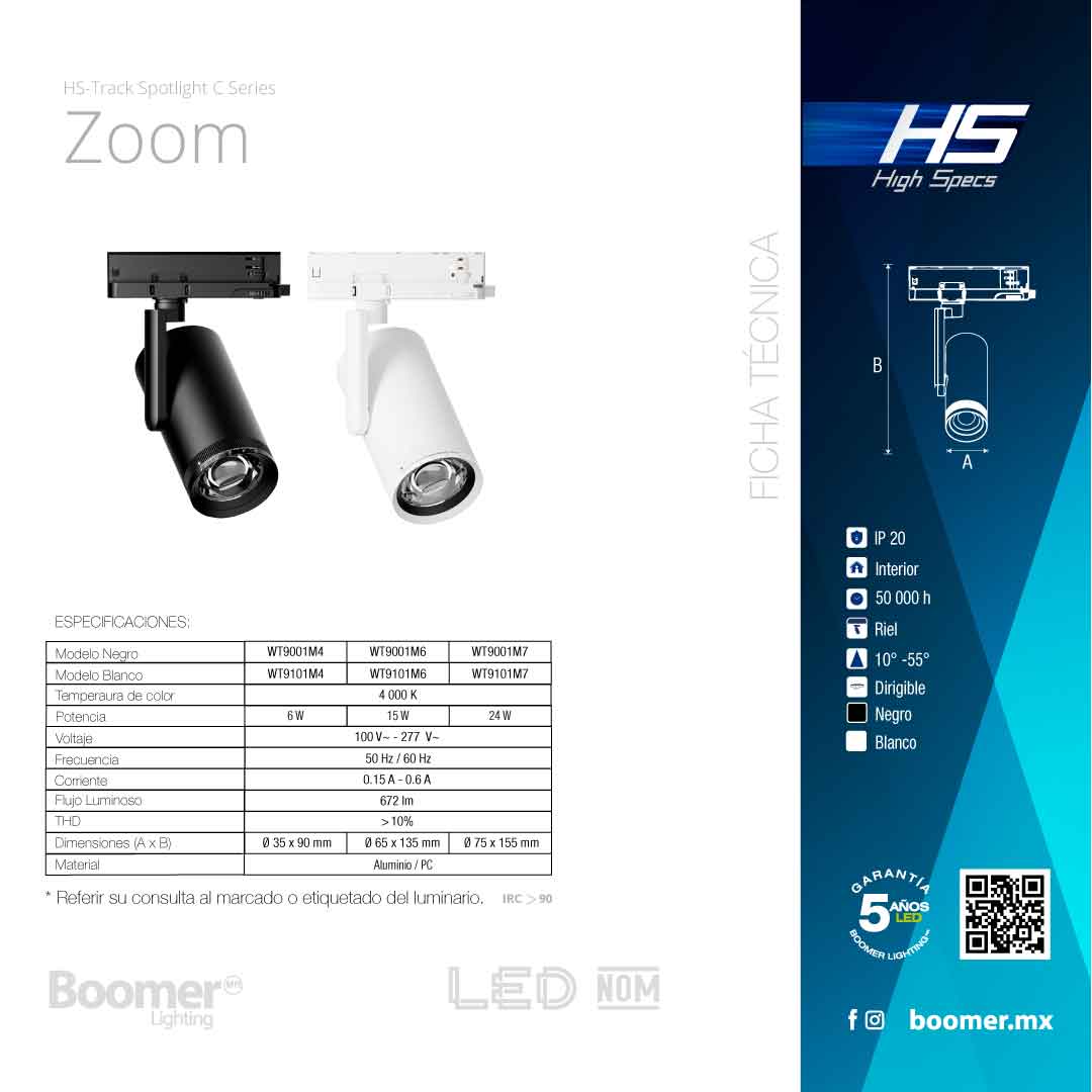 LUMINARIO HS ADJUSTABLE ZOOM LIGHT C NEGRO, 15W, 4000K
