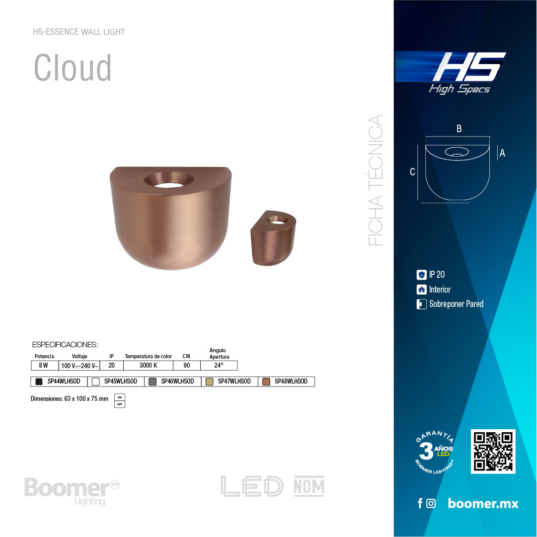ARBOTANTE COBRE PARA PARED CLOUD 8W, LUZ CÁLIDA, 494 LM