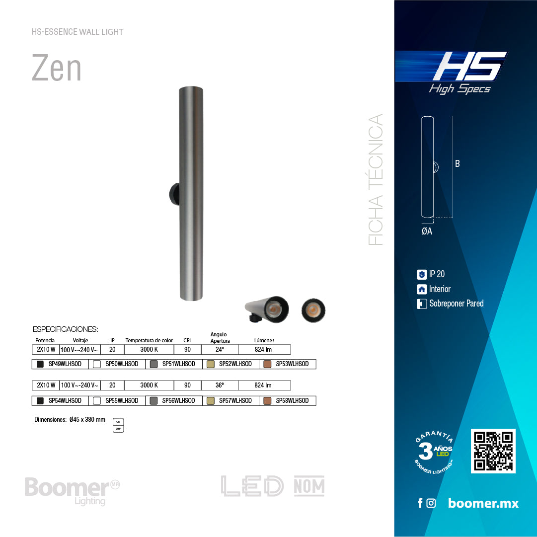 ARBOTANTE NEGRO PARA PARED ZEN 10W, 36°, LUZ CÁLIDA, 818 LM