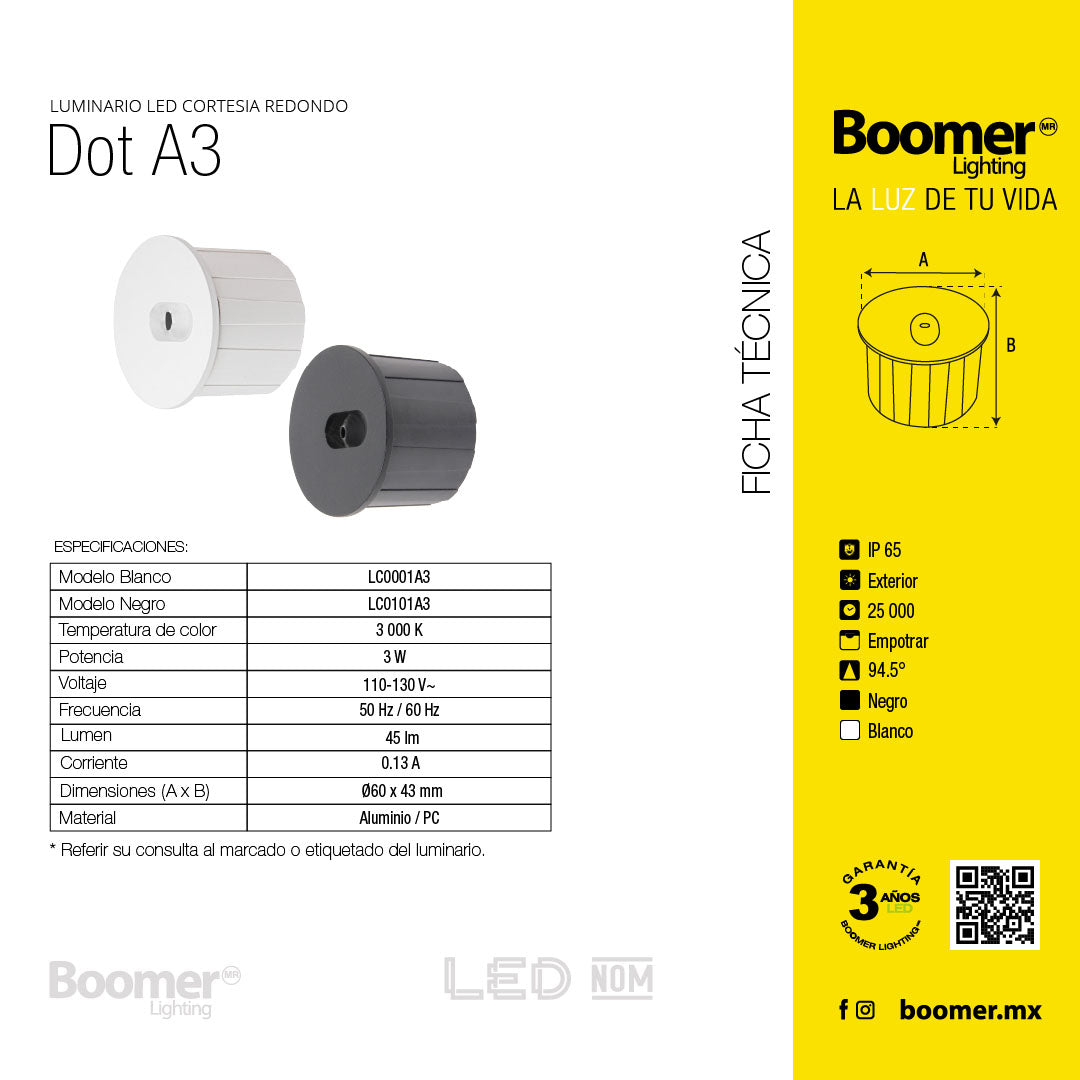 LÁMPARA DE CORTESÍA EMPOTRABLE NEGRO DT, 3W, 3000K, IP65