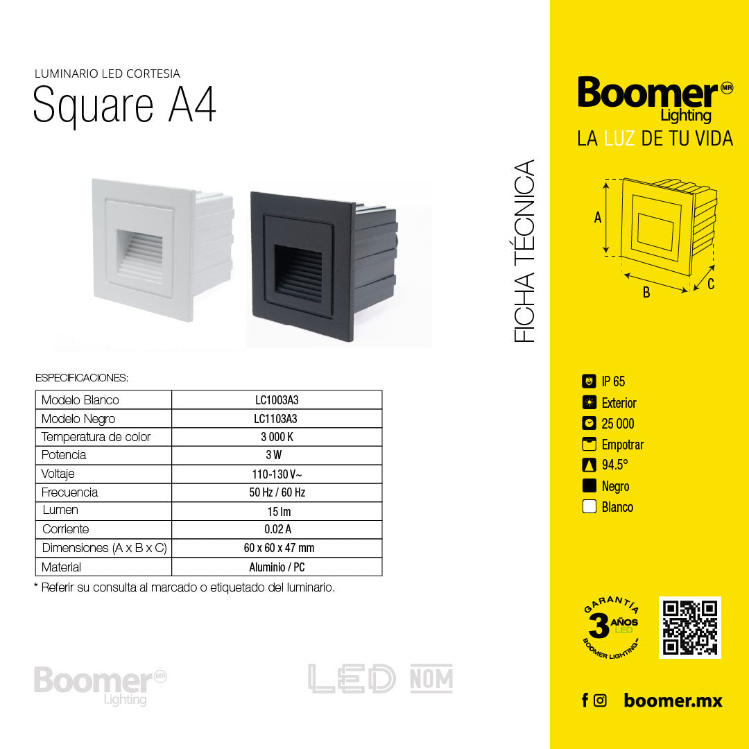 LÁMPARA DE CORTESÍA EMPOTRABLE BLANCO A4, 3W, 3000K, IP65