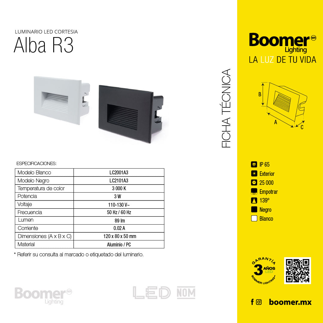 LÁMPARA DE CORTESÍA EMPOTRABLE BLANCO ALBA, 3W, 3000K, IP65