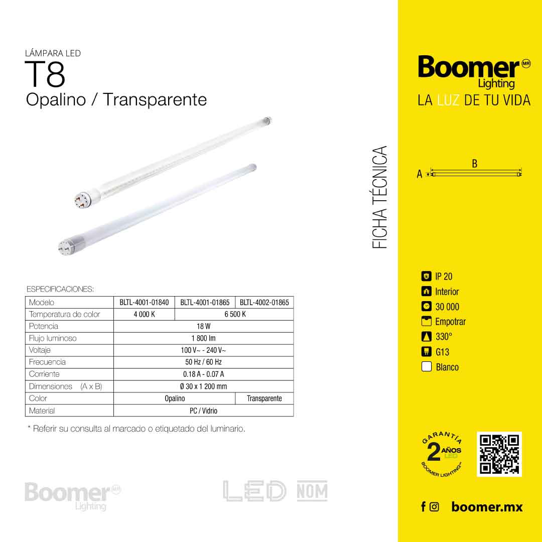 TUBO LED T8 TRANSPARENTE DE LUZ FRÍA DE 18W (CAJA CON 30 PIEZAS)
