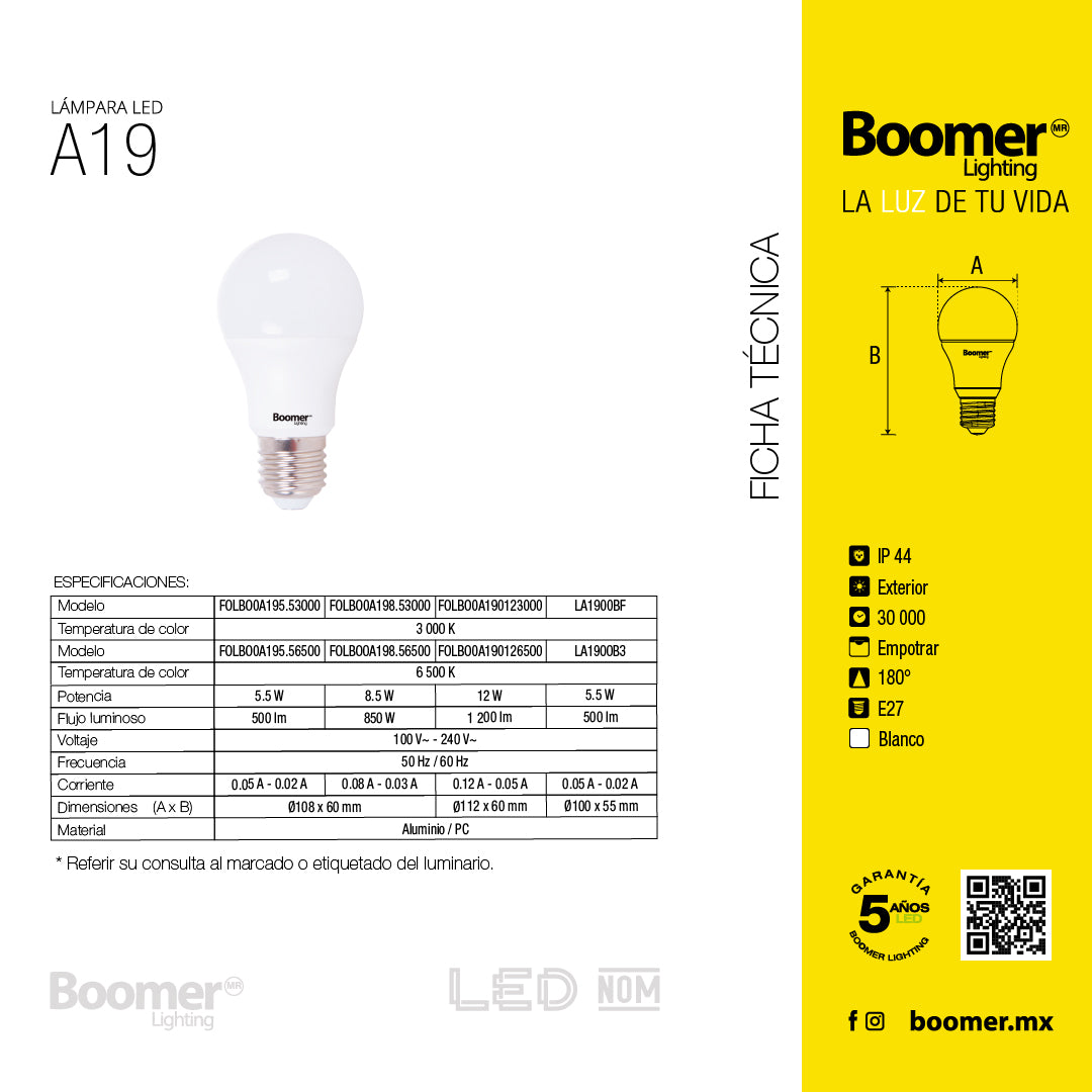 PAQUETE 3 FOCOS SM LED A19 5.5W, LUZ CÁLIDA, 500LM, BASE E27