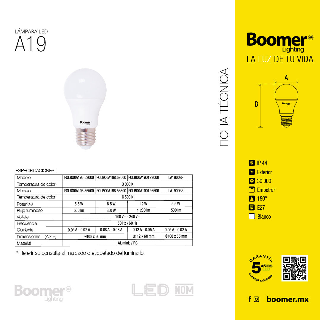 PAQUETE DE 3 FOCOS LED A19, 12W, LUZ FRÍA, 1200LM, BASE E27
