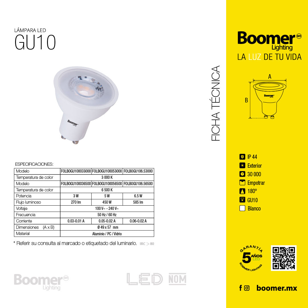10 FOCOS LED GU10 5W LUZ FRÍA, 450 LM, NO ATENUABLE