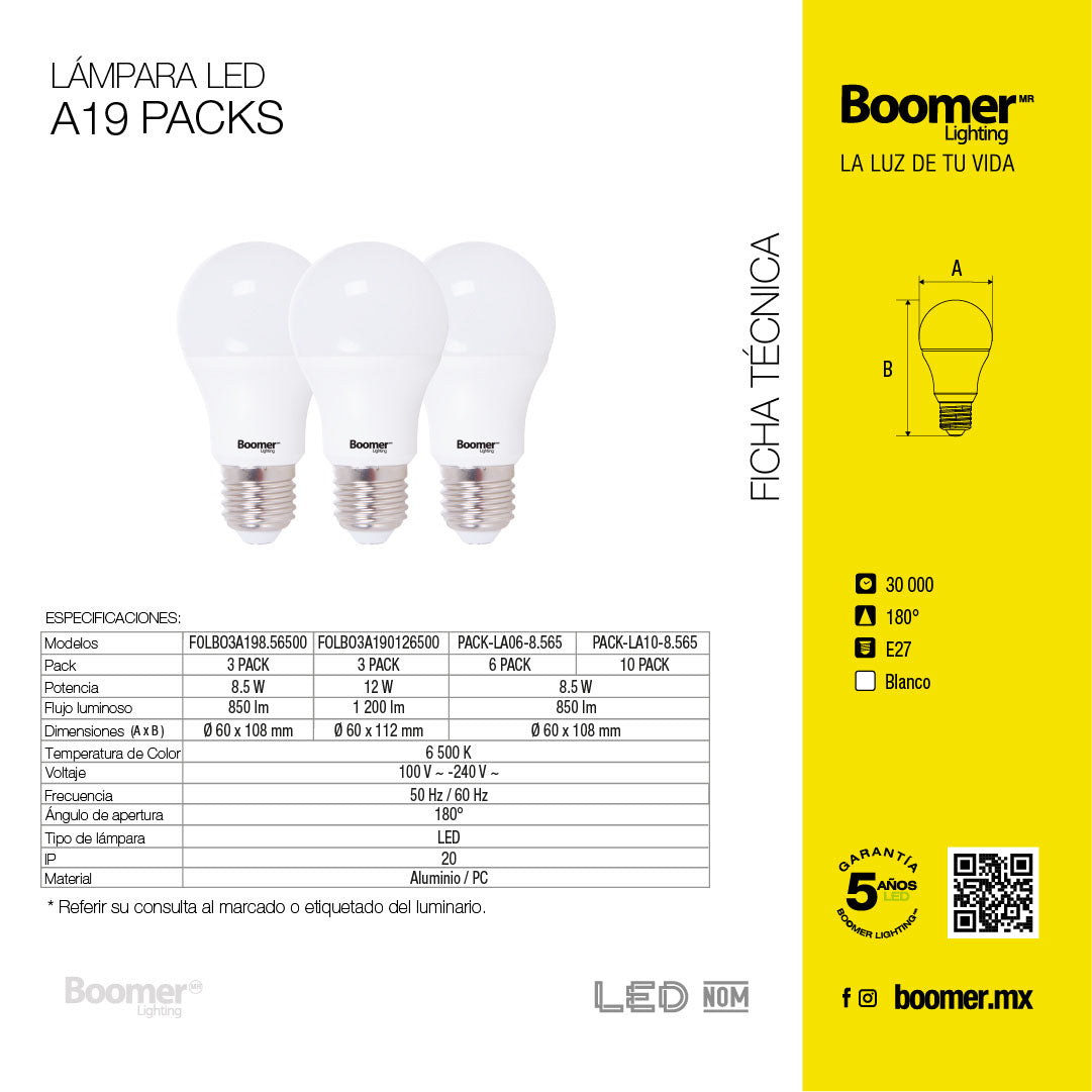 PAQUETE DE 6 FOCOS A19 LED 8.5W, LUZ FRÍA, 850 LM, BASE E27