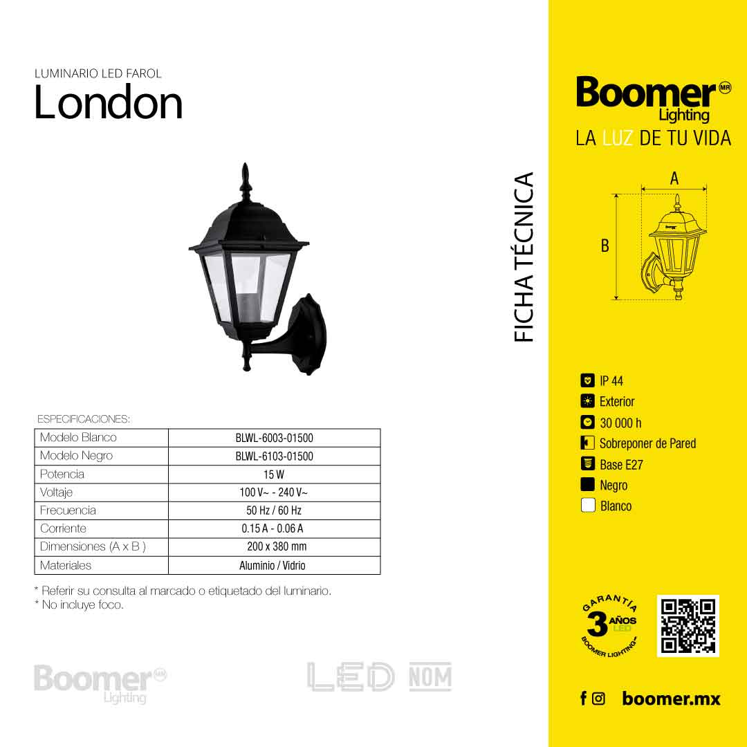 FAROL DECORATIVO PARA PARED LONDON BLANCO, 15W, BASE E27