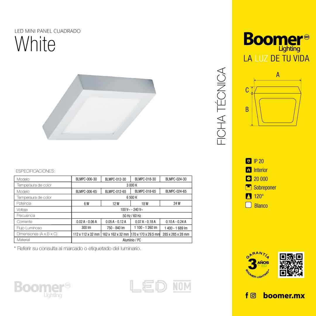LÁMPARA PANEL LED CUADRADO PARA SOBREPONER, 12W, LUZ FRÍA