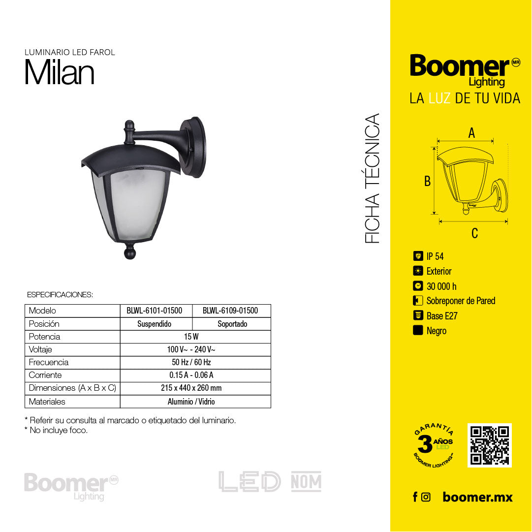 FAROL DECORATIVO PARA PARED MILAN, 15W, BASE E27