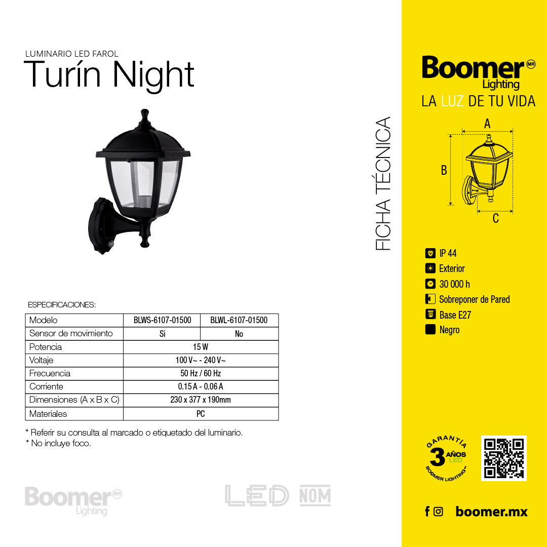 FAROL DECORATIVO PARA PARED TURIN CON SENSOR, 15W, BASE E27