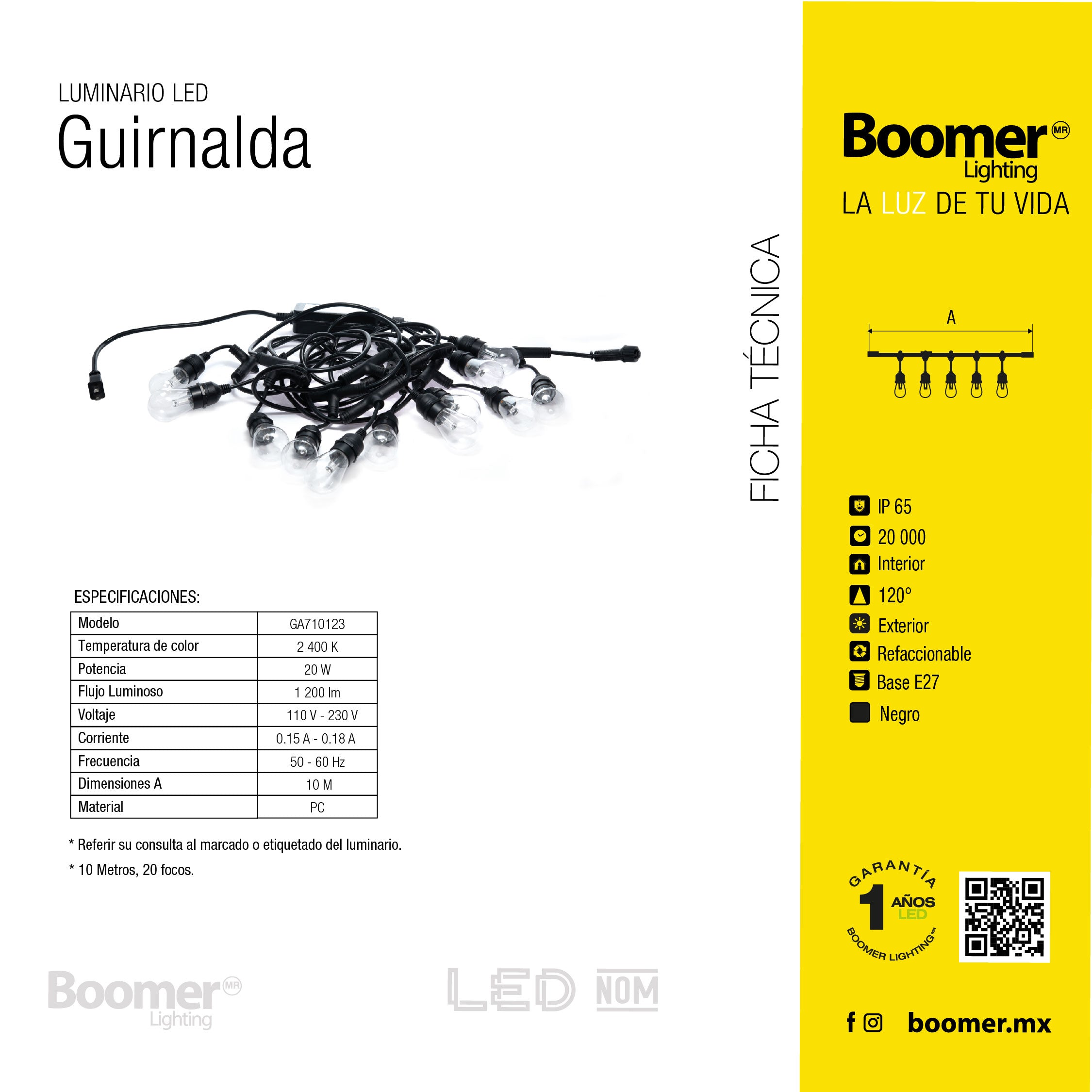 Luminario Led Guirnalda, 10 Metros, 20 Focos, 20 W