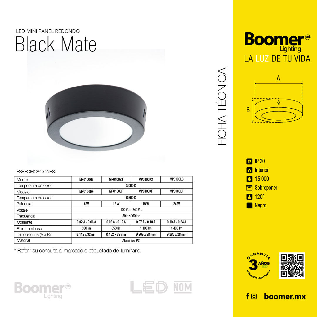 PANEL LED REDONDO NEGRO PARA SOBREPONER, 12W, 650LM