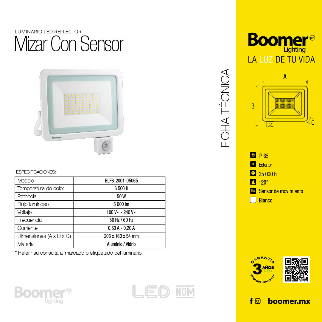 REFLECTOR CON SENSOR DE MOVIMIENTO, 50W, LUZ DE DÍA, 5000lm