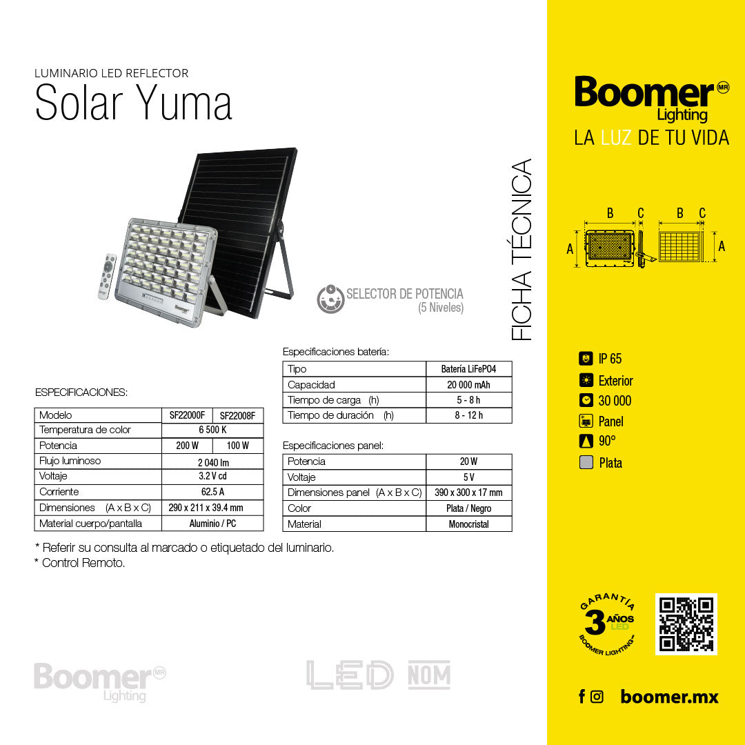 REFLECTOR CON PANEL SOLAR YUMA, 100W, LUZ FRÍA, CON CONTROL