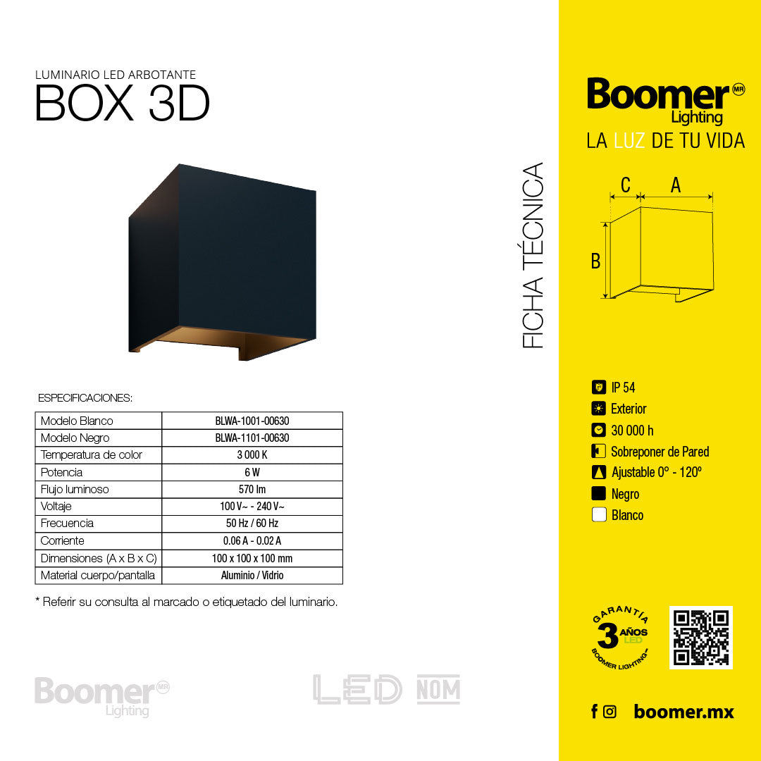 ARBOTANTE LED EXTERIOR BOX 3D NEGRO DE 6W LUZ CÁLIDA