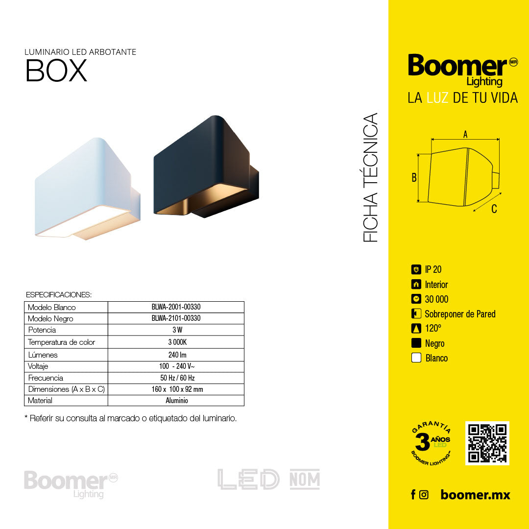 LÁMPARA ARBOTANTE BOX NEGRO, 3W, LUZ CÁLIDA, INTERIOR