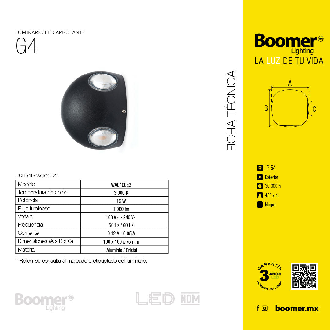 ARBOTANTE PARA PARED G4, 12W, LUZ CÁLIDA, 1080LM, EXTERIOR