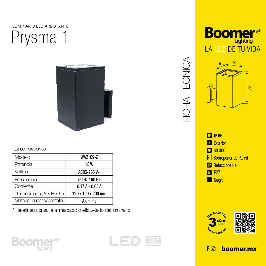 ARBOTANTE PARA PARED PRYSMA, 15W, BASE E27 (x1), EXTERIOR