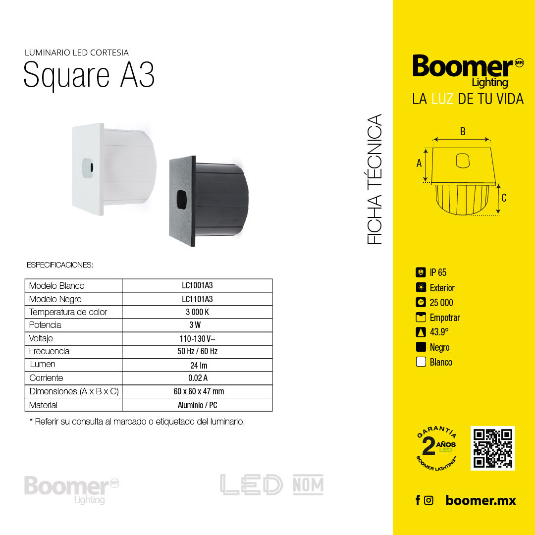 LÁMPARA DE CORTESÍA EMPOTRABLE NEGRO A3, 3W, 3000K, IP65
