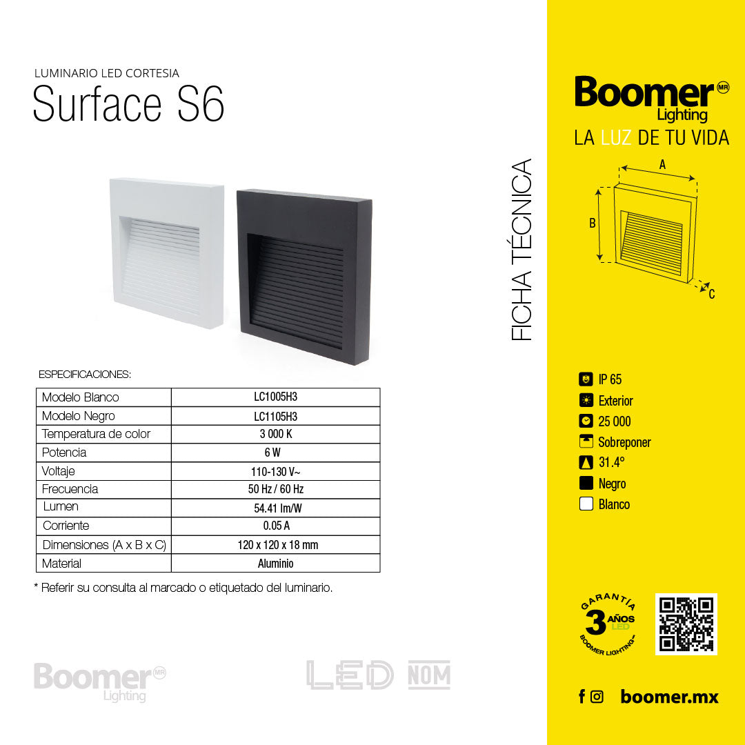 LÁMPARA DE CORTESÍA EMPOTRABLE NEGRO S6, 6W, 3000K, IP65