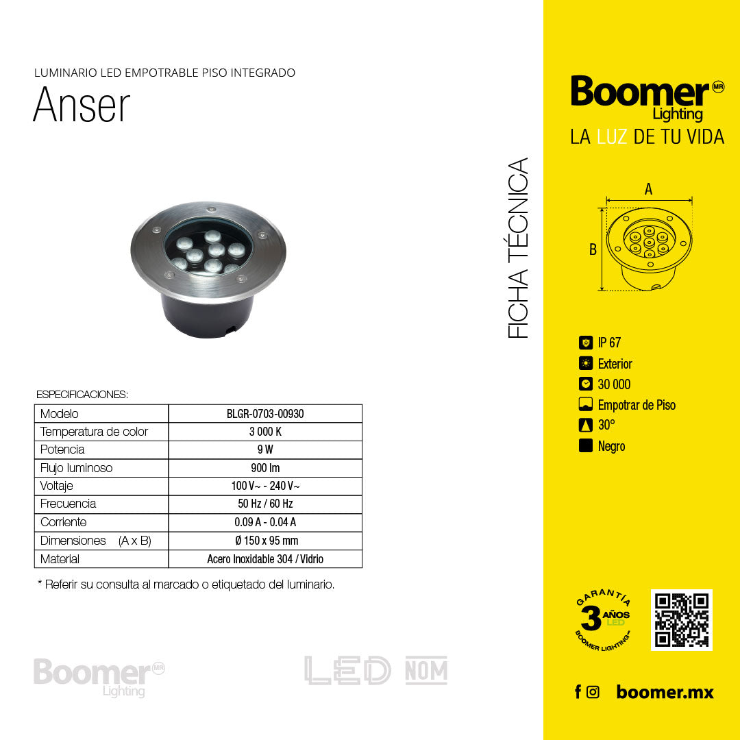 EMPOTRABLE LED Redondo A PISO, 9W, 100-240V~ IP66 3000 k