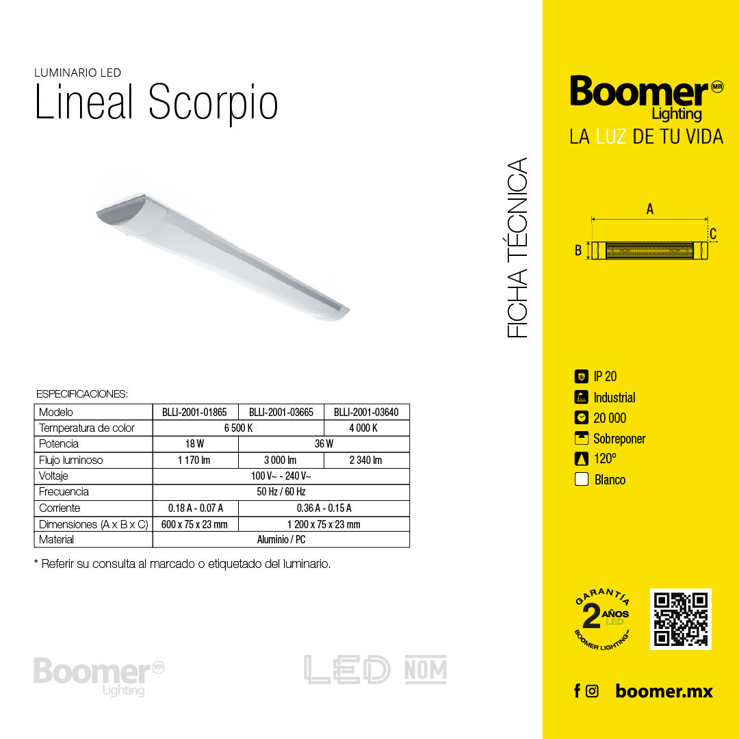LÁMPARA LED LINEAL SCORPIO, 36W, LUZ FRÍA, 3000 LM