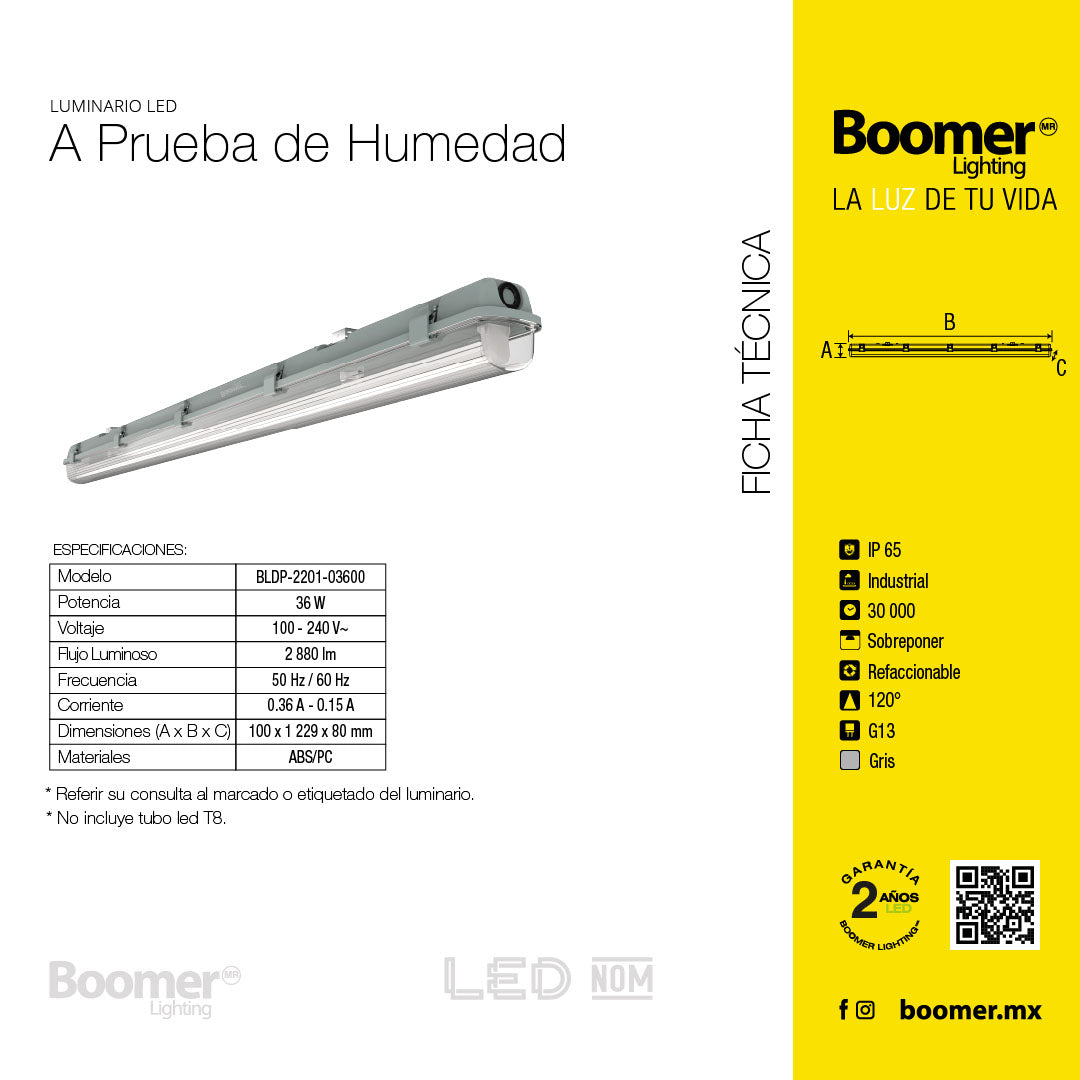 GABINETE LINEAL PARA HUMEDAD, 36 W, BASE G13 (x2), IP65