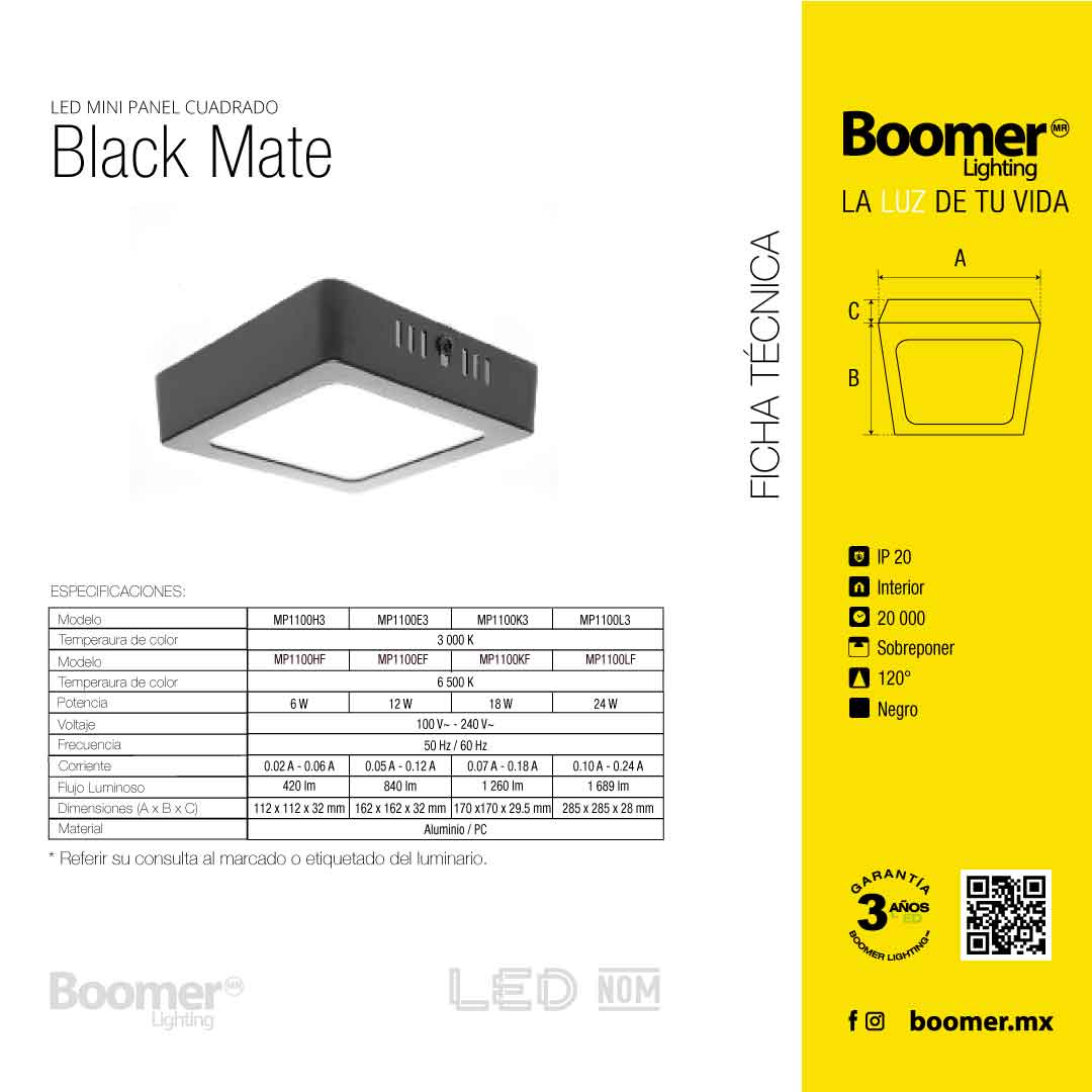 PANEL LED CUADRADO NEGRO PARA SOBREPONER, 12W, 840LM