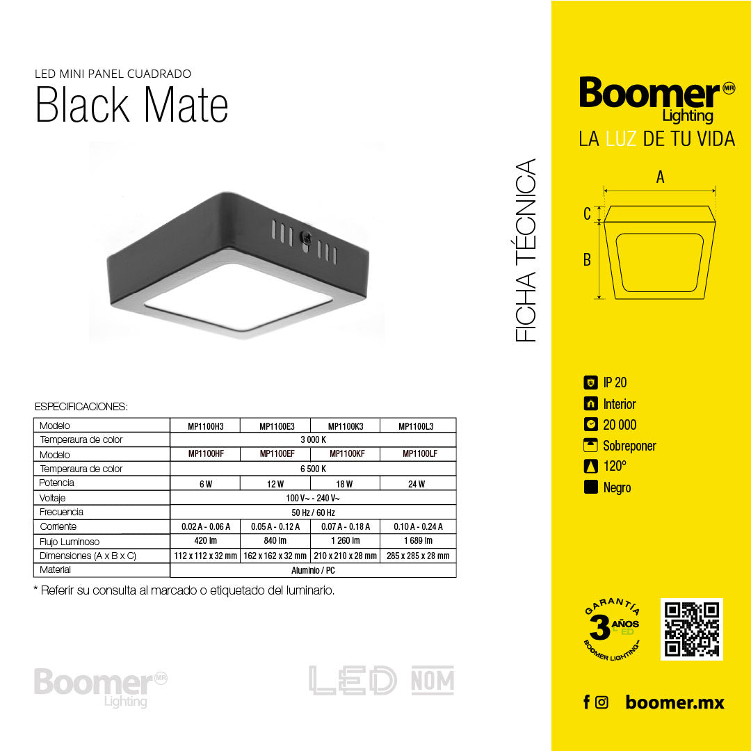 PANEL LED CUADRADO NEGRO PARA SOBREPONER, 24W, LUZ CÁLIDA