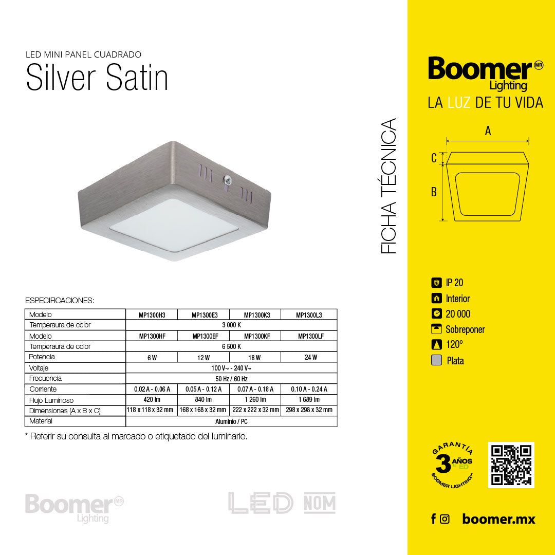 PANEL LED CUADRADO SATÍN PARA SOBREPONER, 12W, LUZ FRÍA
