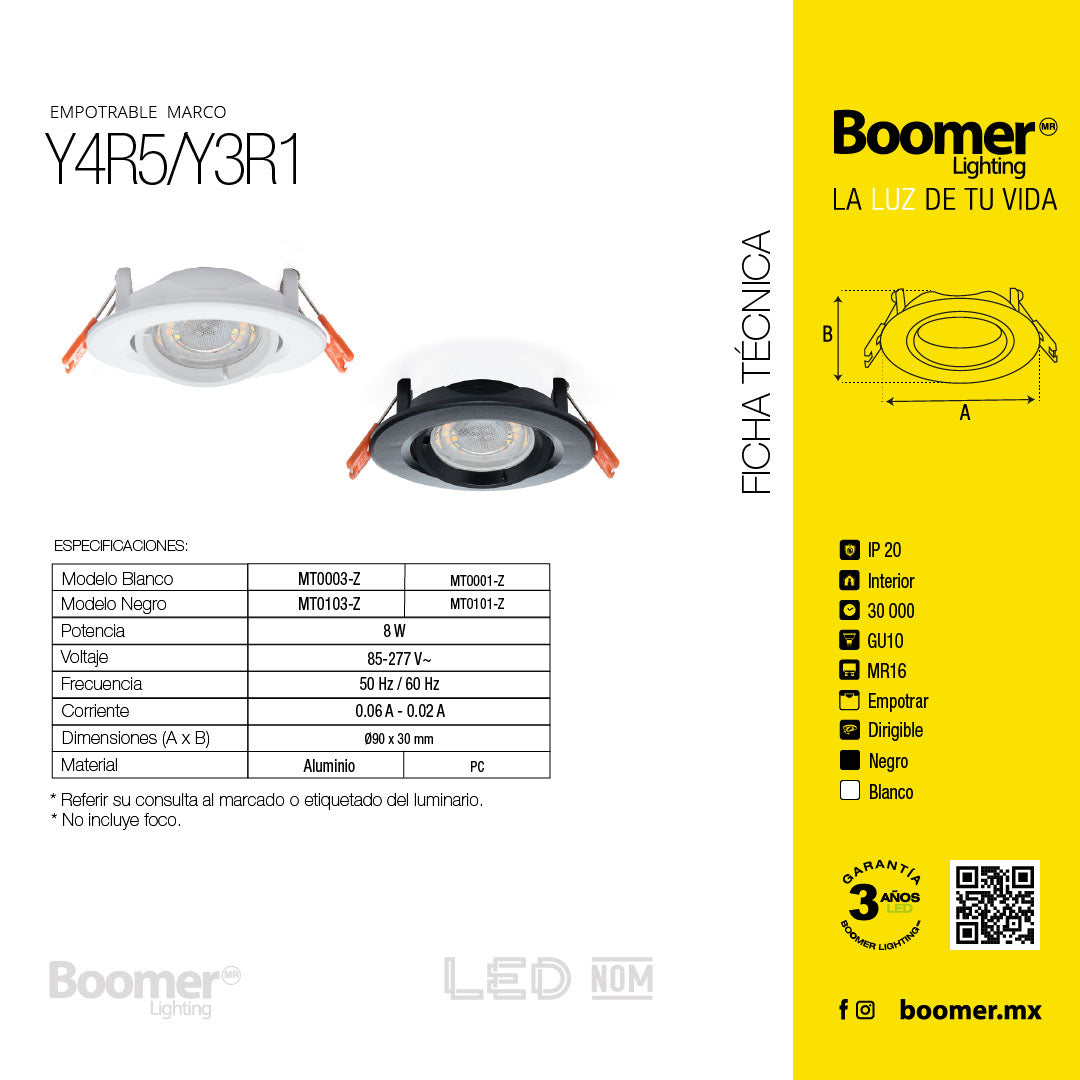 EMPOTRABLE Y4R5 DIRIGIBLE REDONDO NEGRO BASE MR16, ALUMINIO