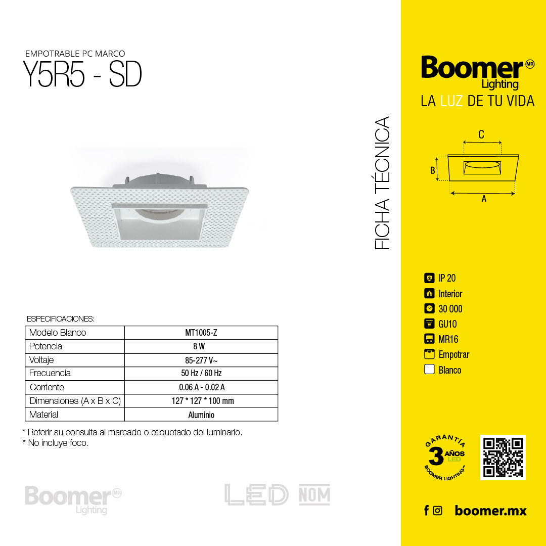EMPOTRABLE Y5SD CUADRADO BLANCO, BASE MR16, ALUMINIO