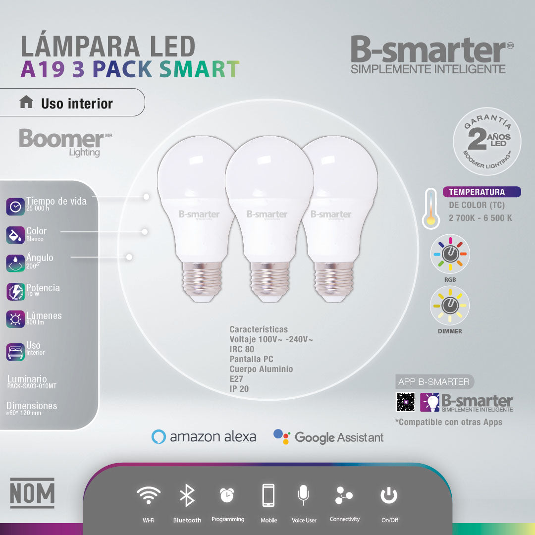 PAQUETE DE 3 FOCOS A19 SMART, 10W, RGB, CCT, MANEJO POR APP