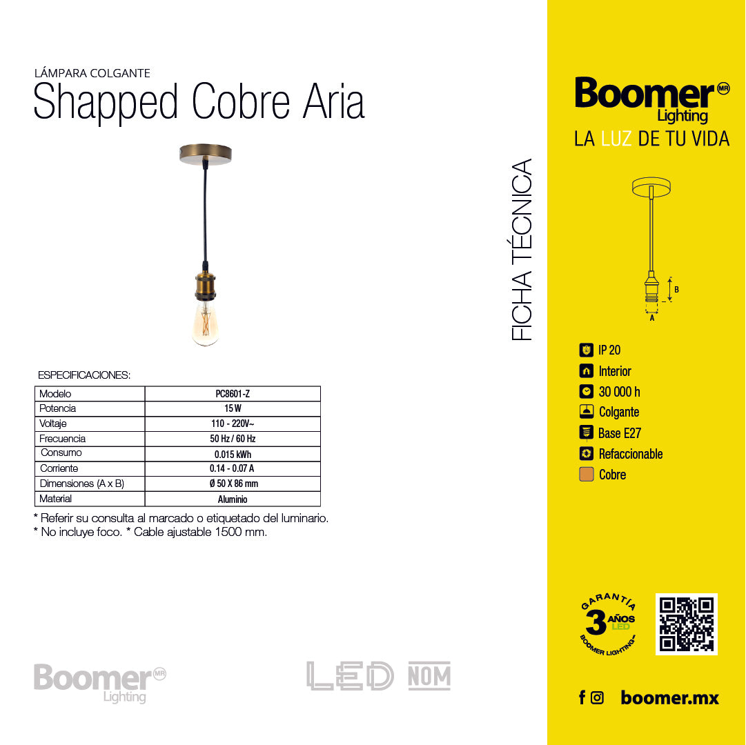 SOCKET COLGANTE COPPER ARIA PARA FOCO BASE E27, 15 W