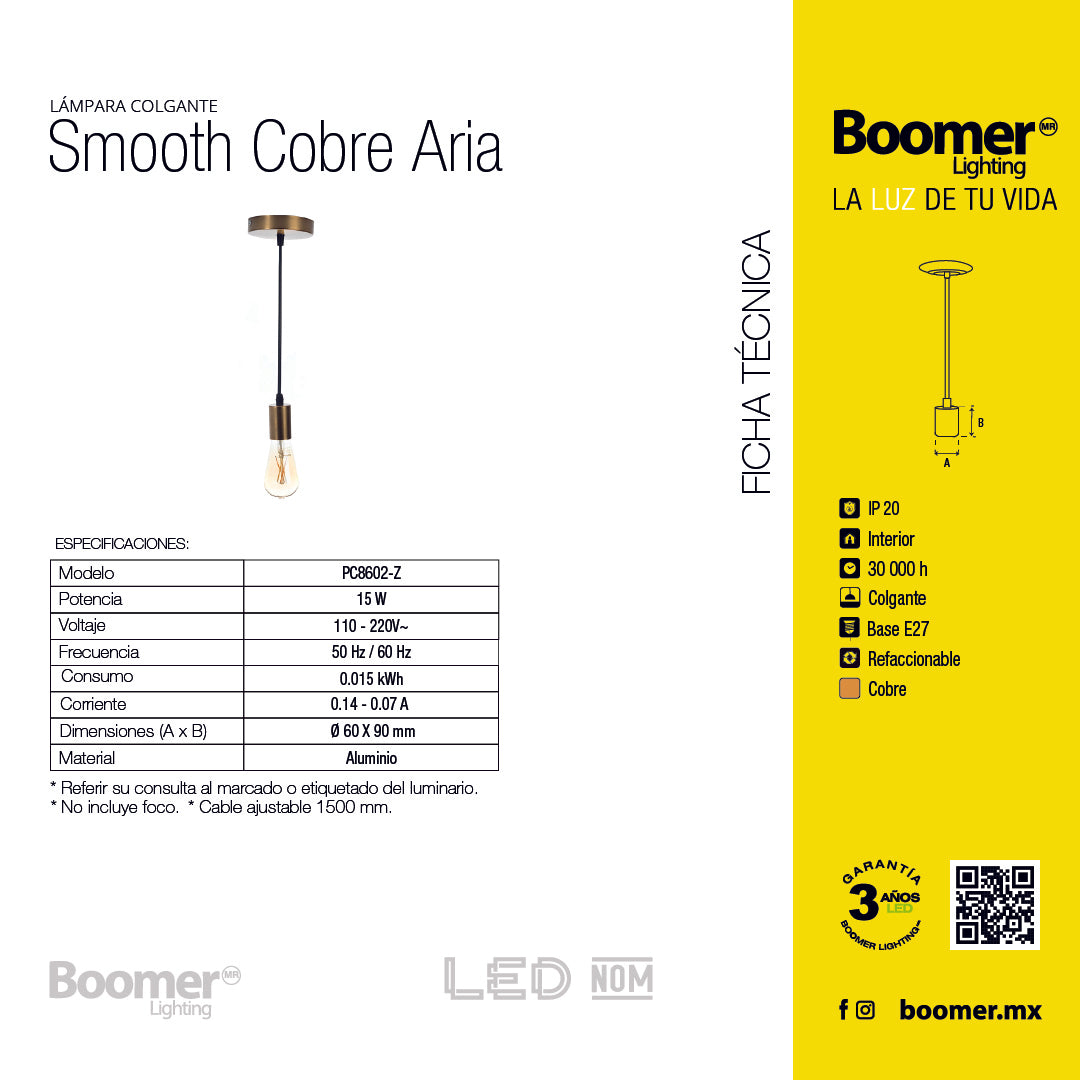 SOCKET COLGANTE SMOOTH ARIA PARA FOCO BASE E27, 15 W