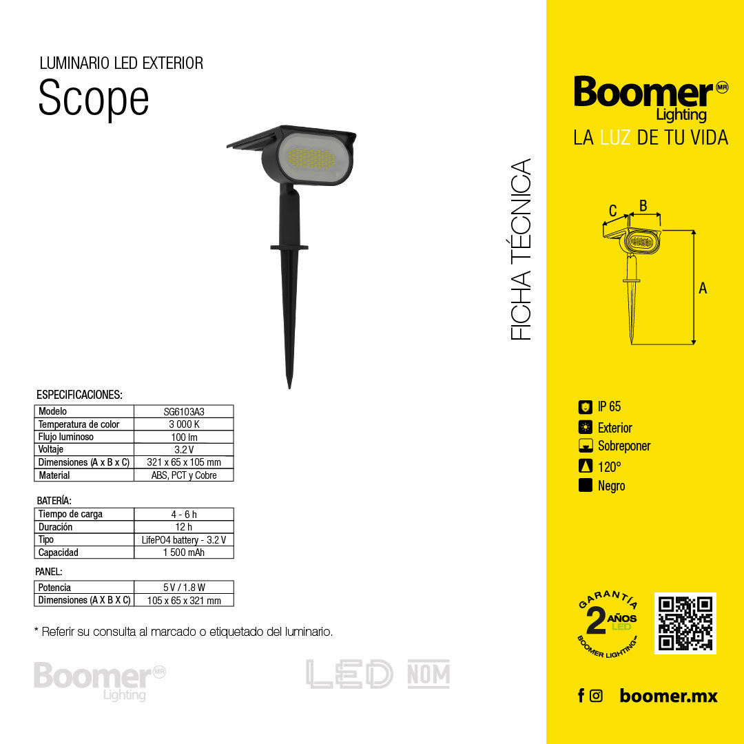LÁMPARA SOLAR LED TIPO ESTACA 120°, LUZ CÁLIDA, PARA JARDÍN